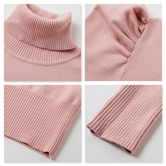 Pastel Pink Puff Sleeve Knit Mini Dress High Neck - Picture 7 of 12